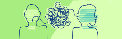 Drawing of one person talking and one person listening